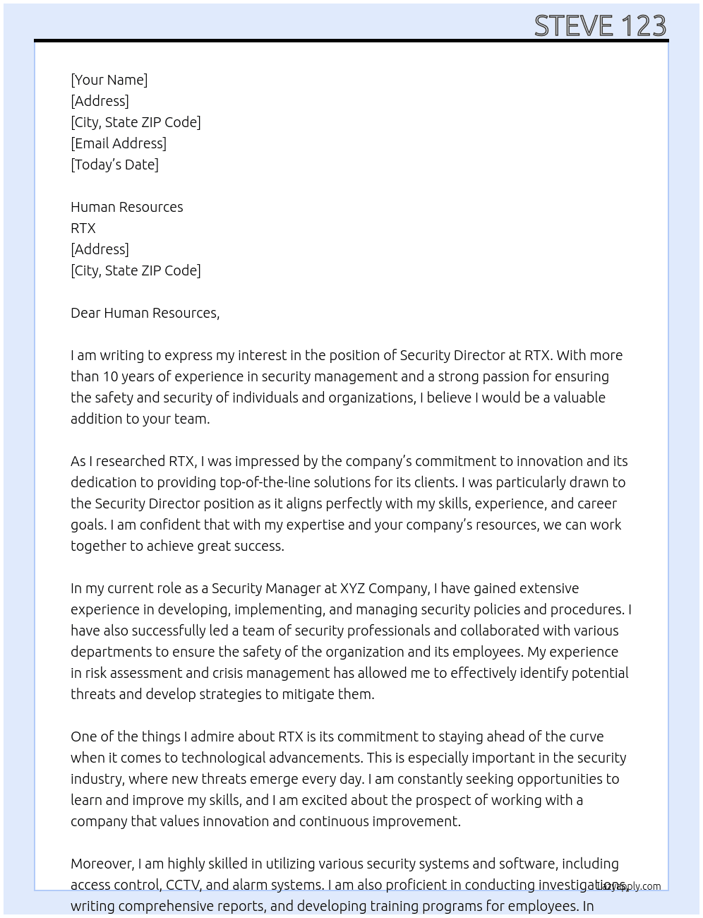 Security Director  At RTX Cover Letter