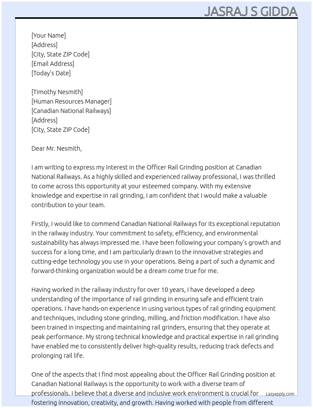 Officer Rail Grinding At Canadian national railways Cover Letter