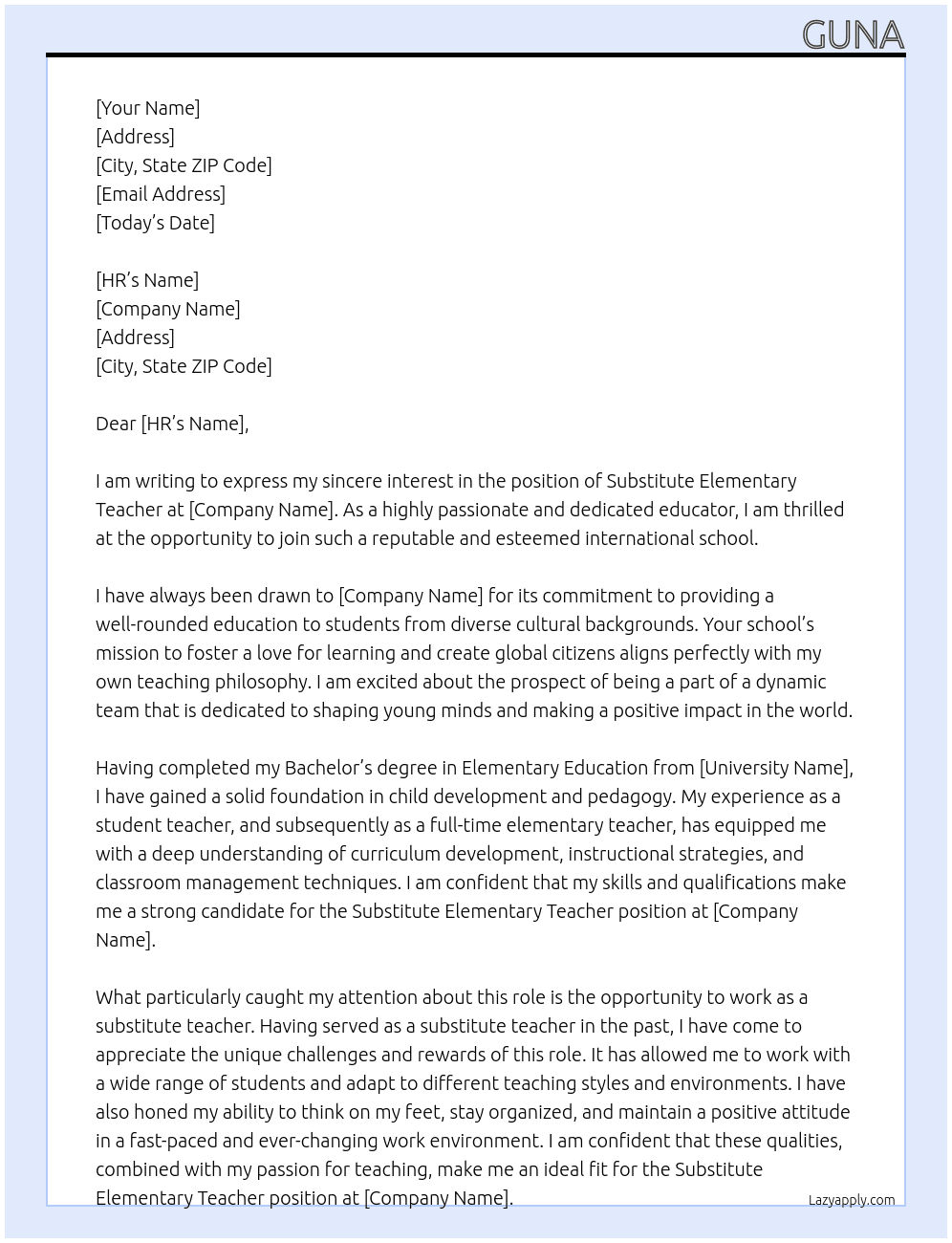 substitute elementary teacher At international school Cover Letter