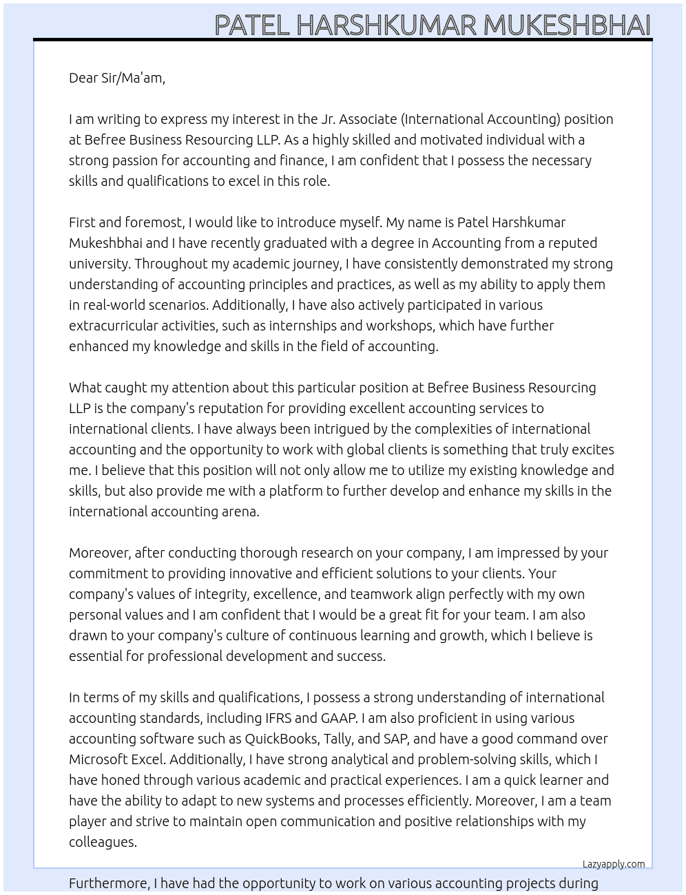 Jr.Associate (International accounting) At Befree business resourcing LLP Cover Letter