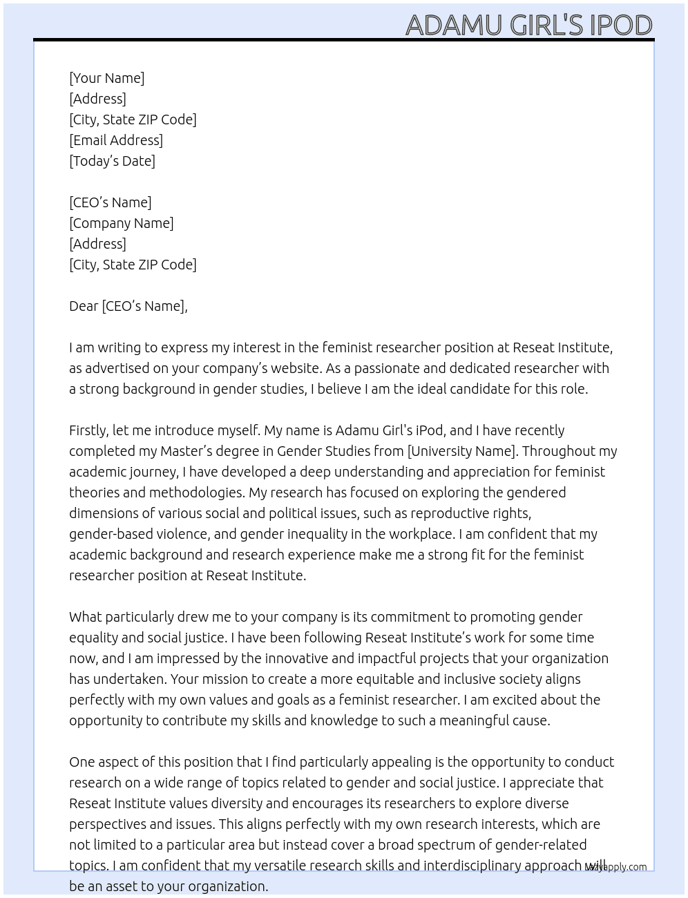 feminist researcher  At reseat institute  Cover Letter