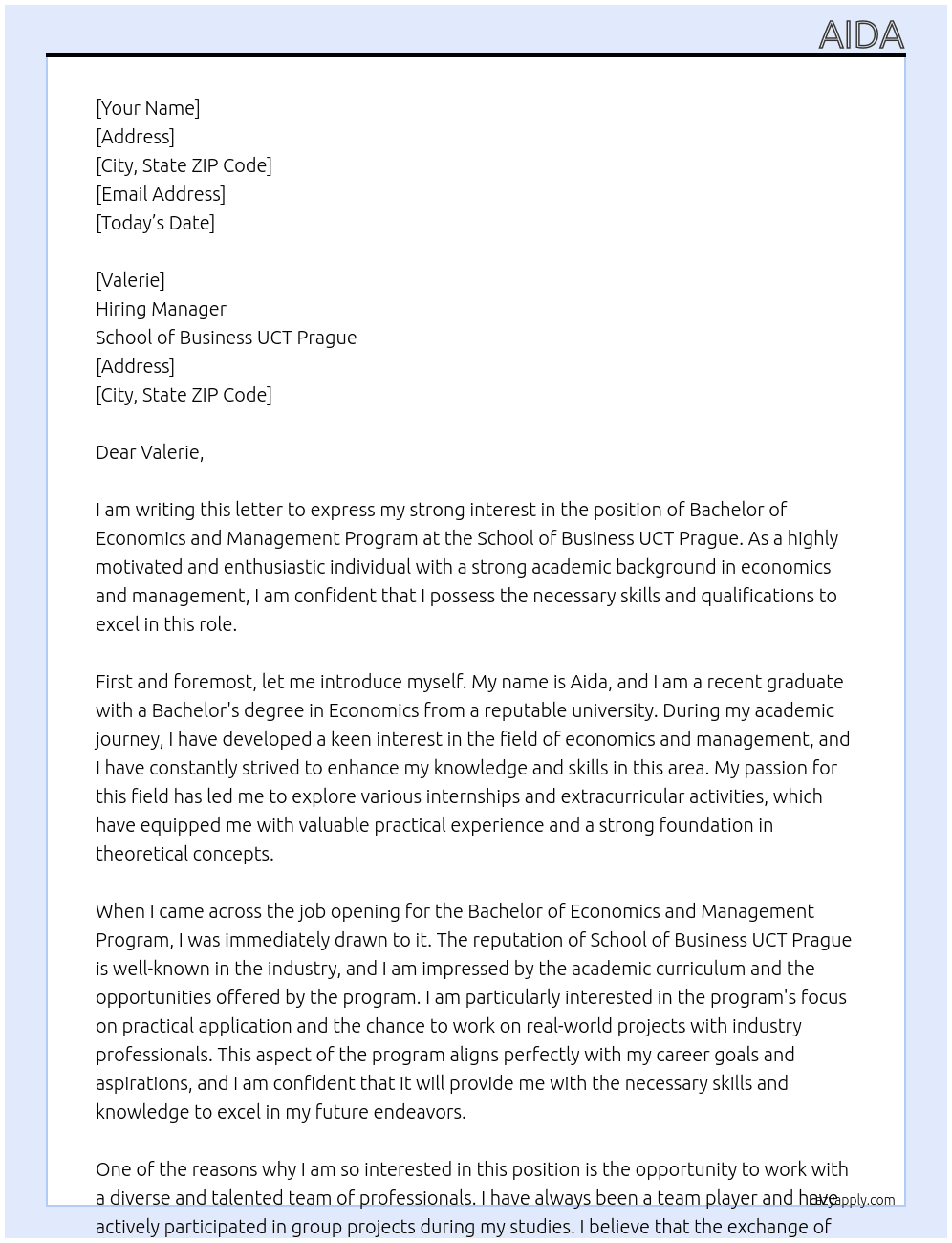 Bachelor of Economics and Management Program At School of Business UCT Prague Cover Letter
