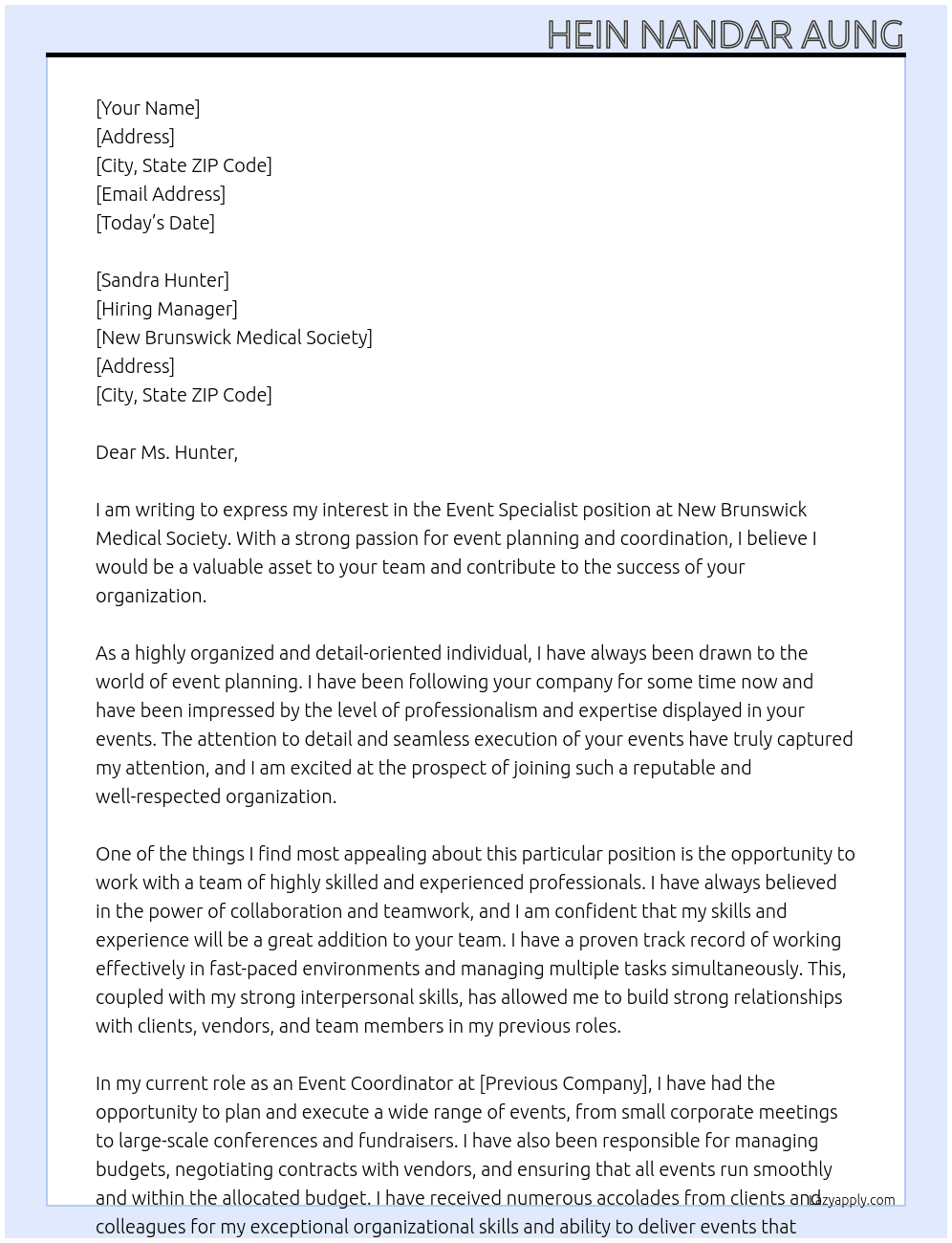 Event Specialist At New Brunswick Medical Society Cover Letter