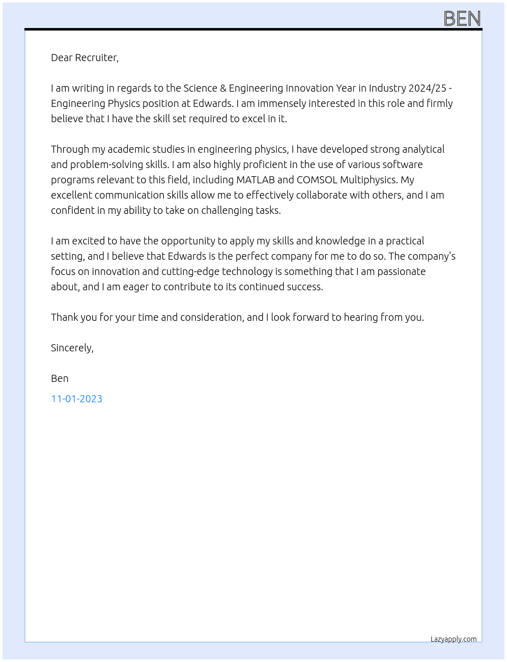 Science & Engineering Innovation Year in Industry 2024/25 - Engineering Physics At Edwards Cover Letter