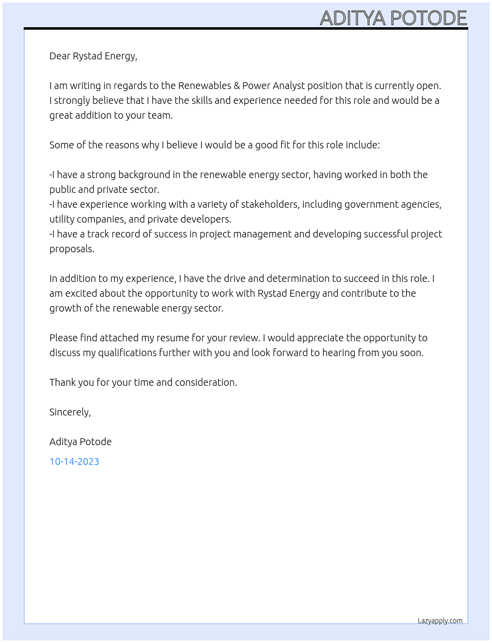 Renewables & Power Analyst At Rystad Energy Cover Letter