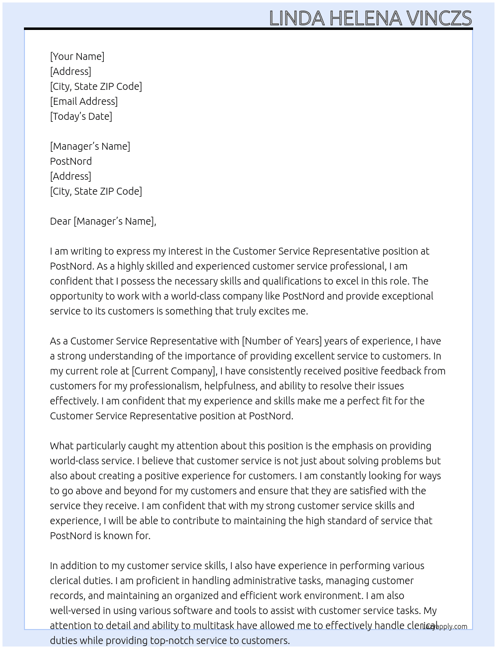 Customer Service Representative At PostNord Cover Letter