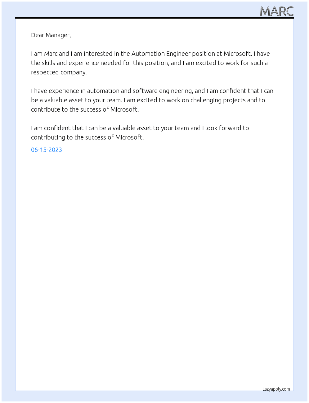 Automation Engineer At Microsoft Cover Letter