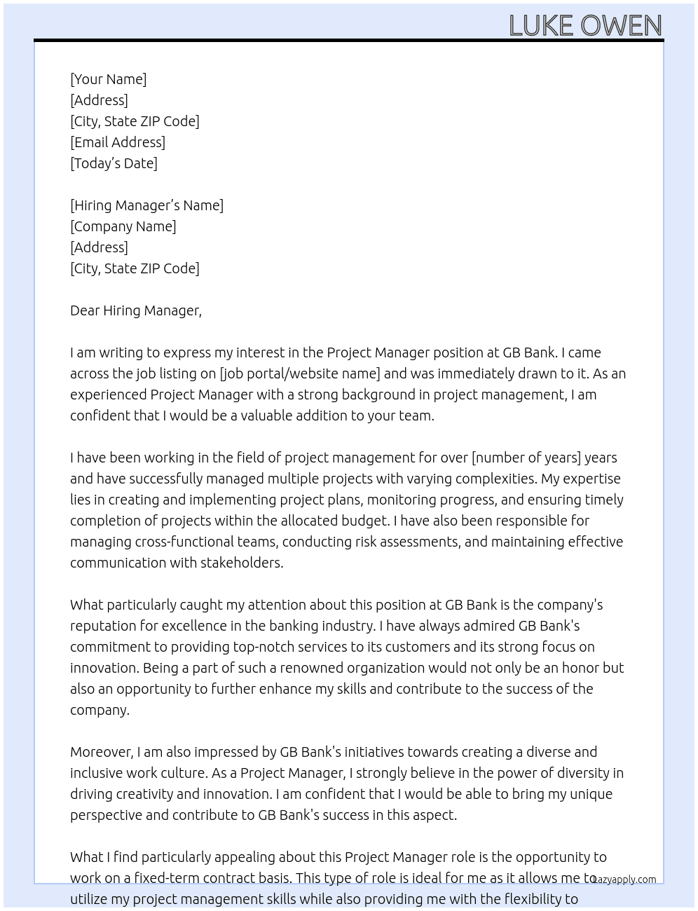 Project Manager At GB Bank Cover Letter