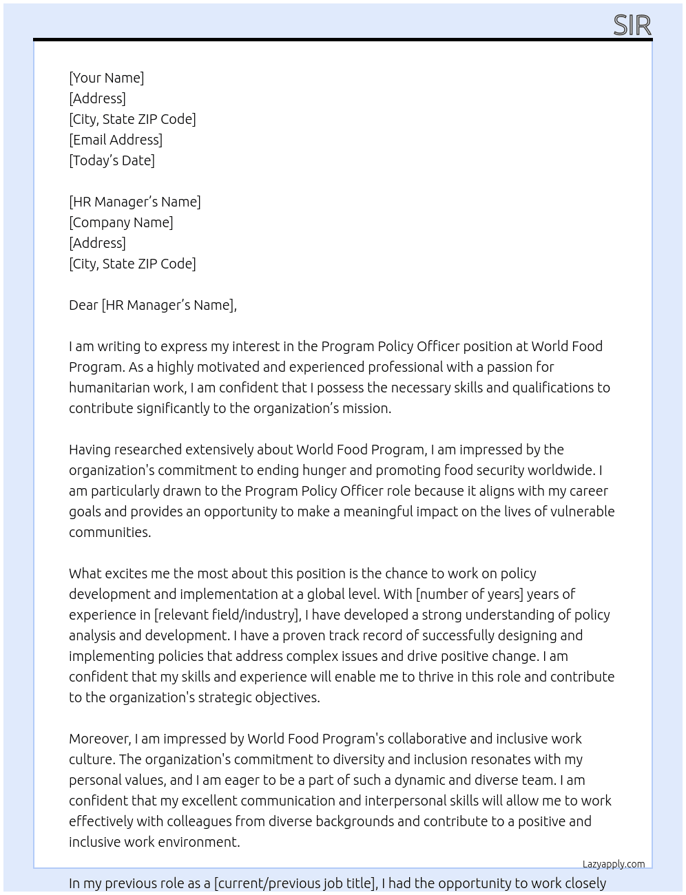 Program policy officer At World Food Program  Cover Letter