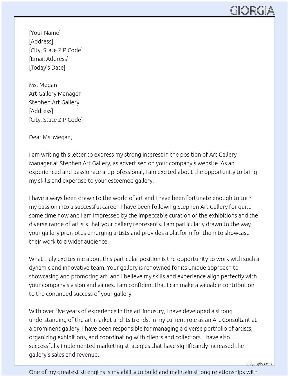 art gallery manager At Stephen Cover Letter