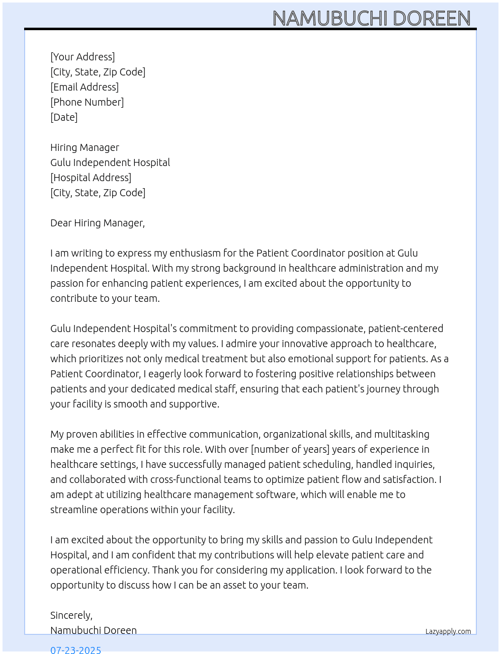 Patient coordinator  At Gulu independent hospital  Cover Letter