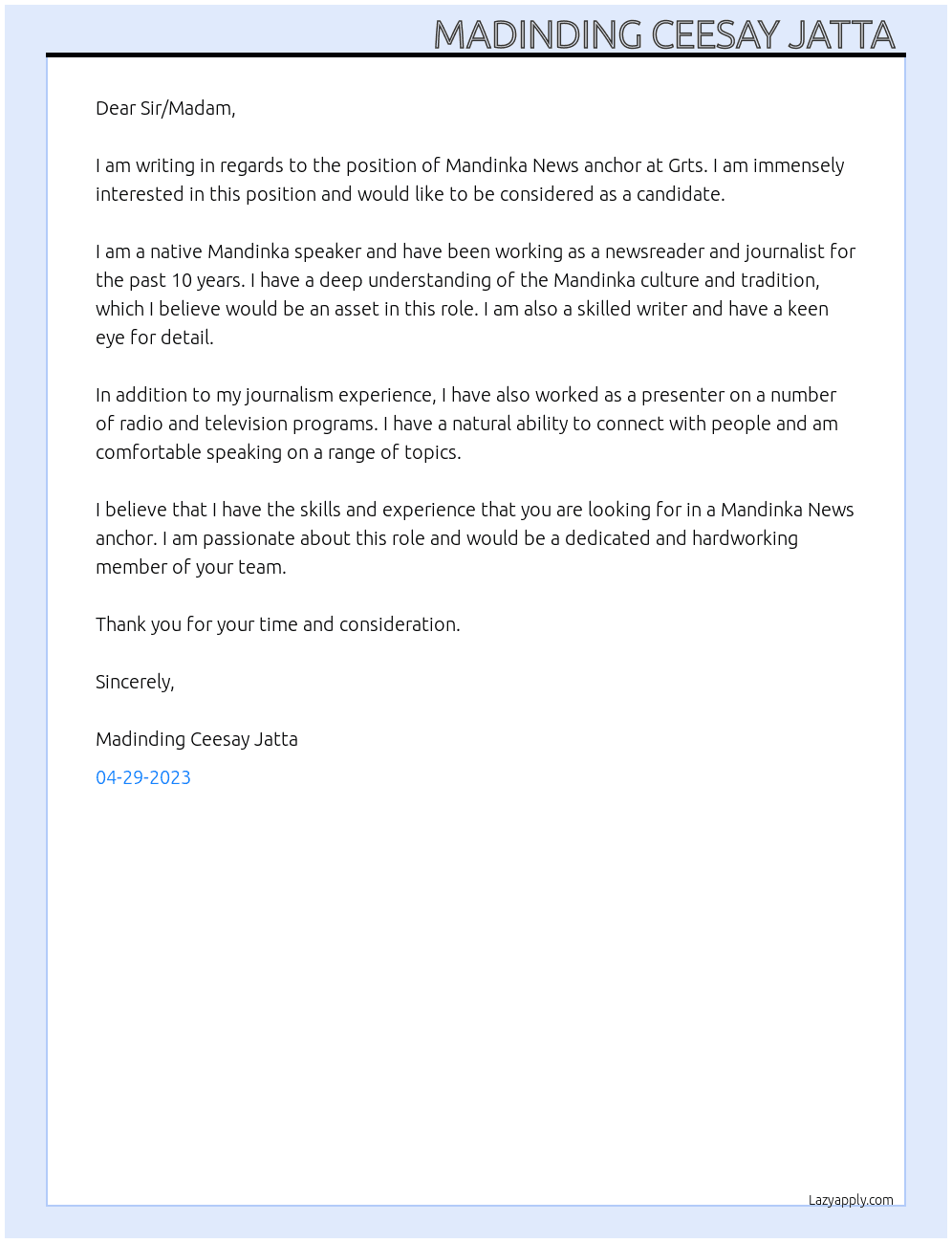 Mandinka News anchor  At Grts Cover Letter