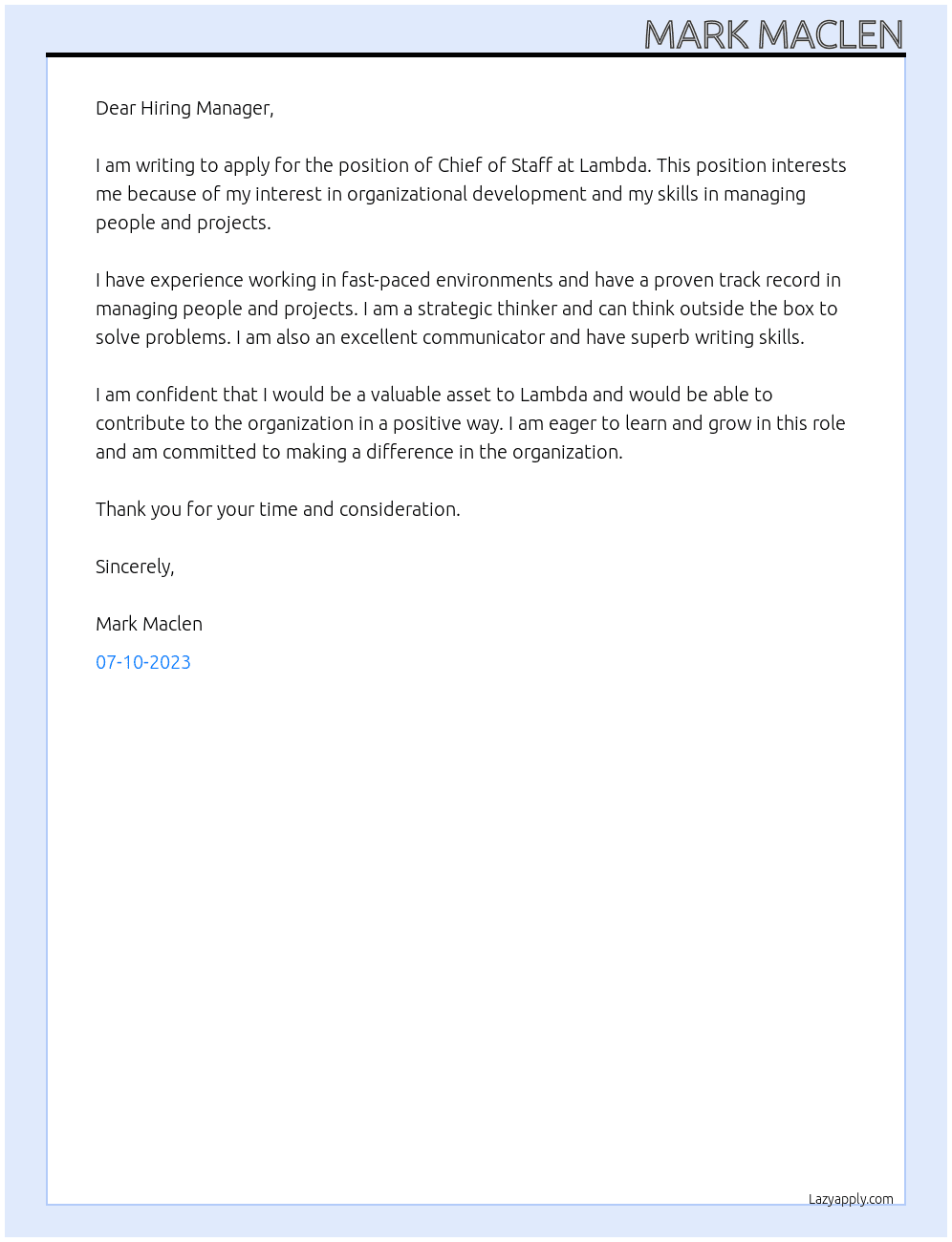 Chief of staff At Lambda Cover Letter