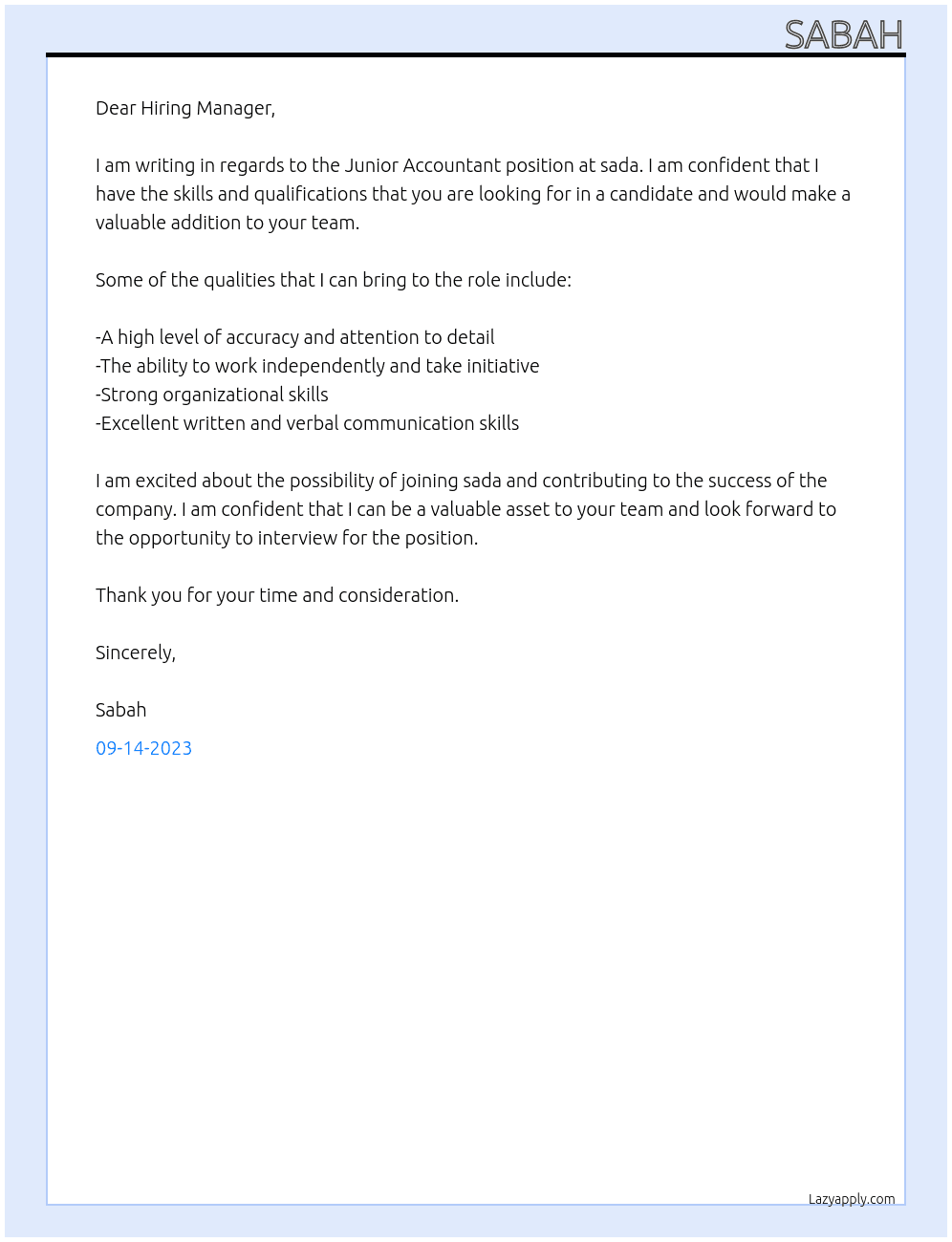 Junior Accountant At sada Cover Letter