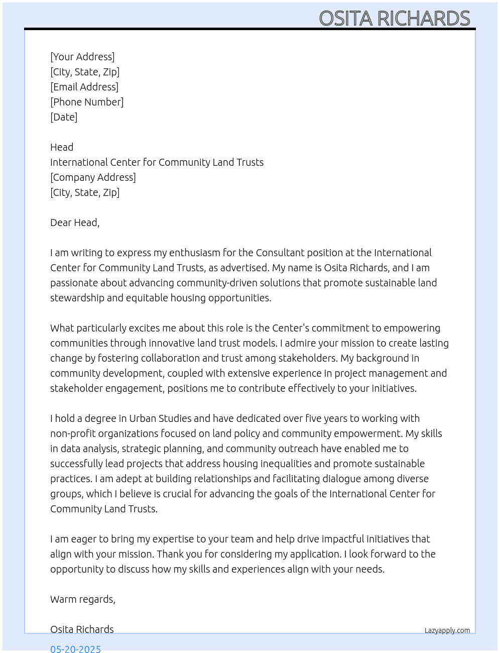 Consultant  At International Center for Community Land Trusts Cover Letter