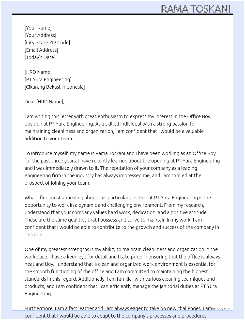 Office boy  At PT Yura Engineering Cover Letter