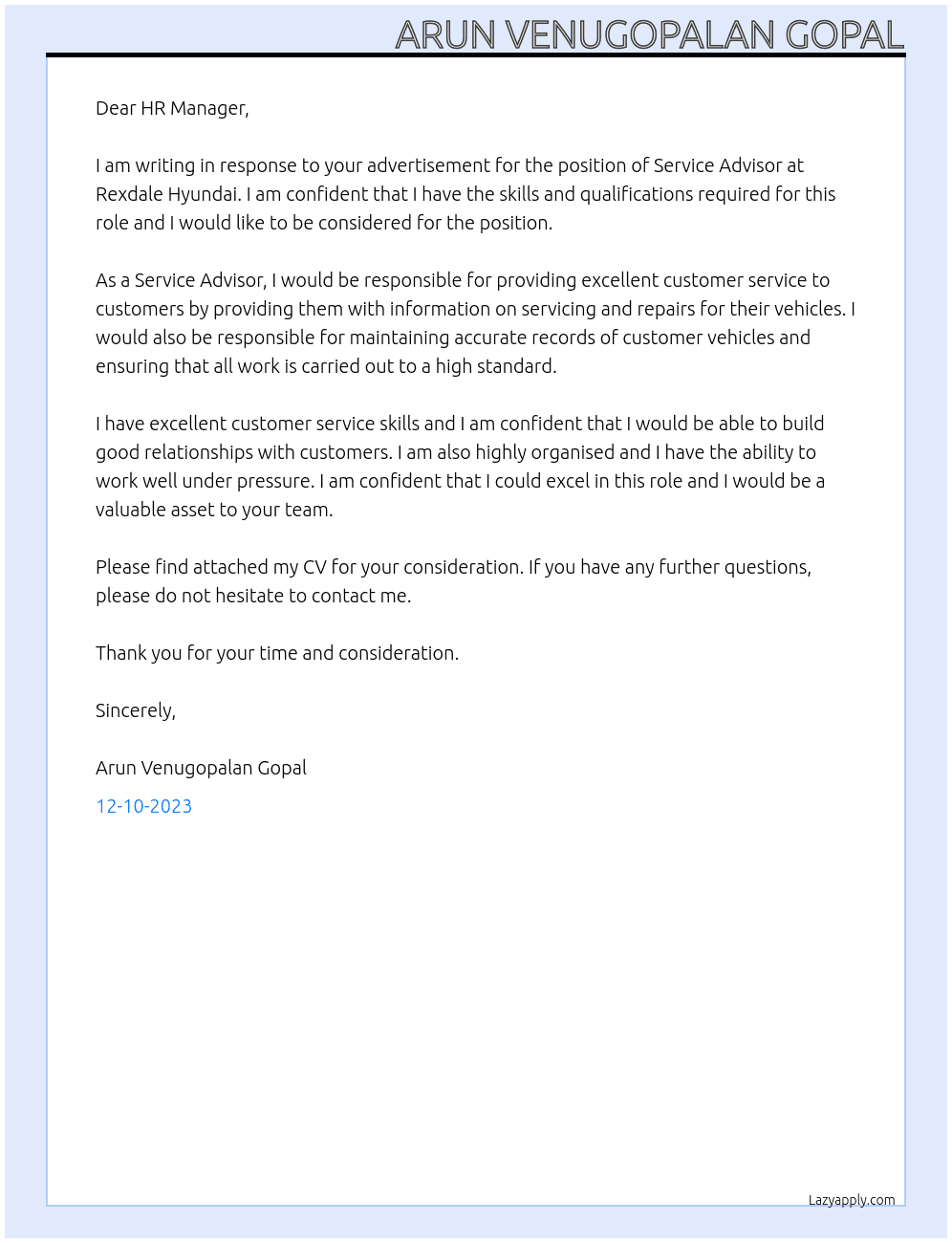 Service advisor At Rexdale Hyundai  Cover Letter