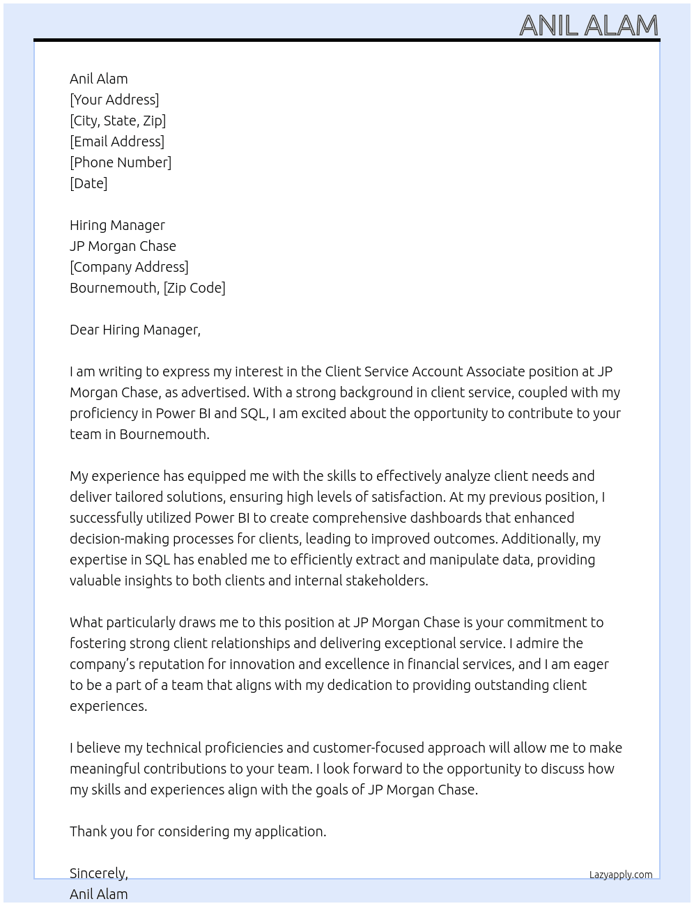 Cover letter for client service account associate - LazyApply