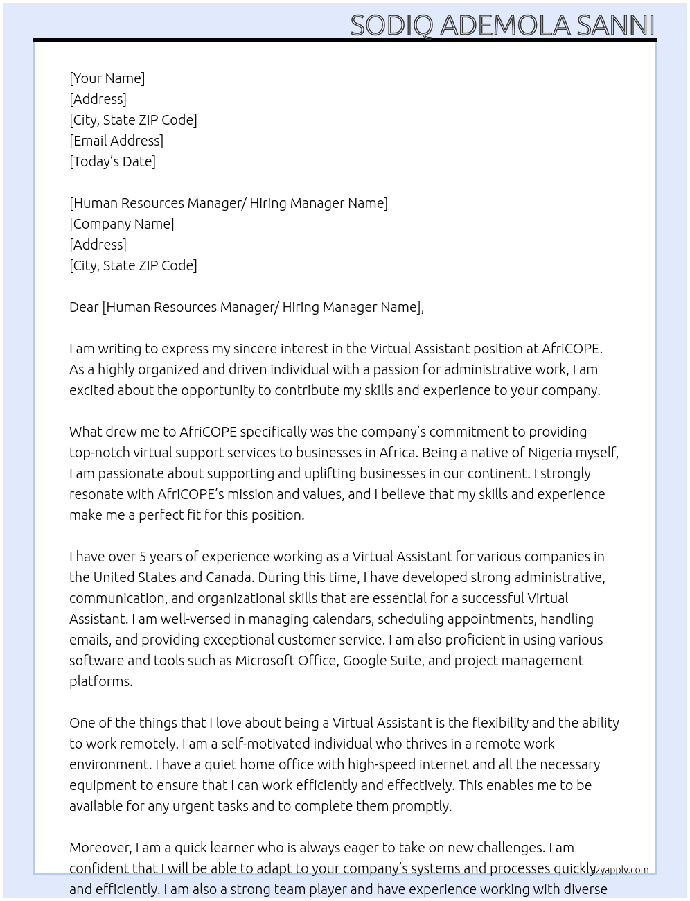 virtual Assistant At AfriCOPE Cover Letter