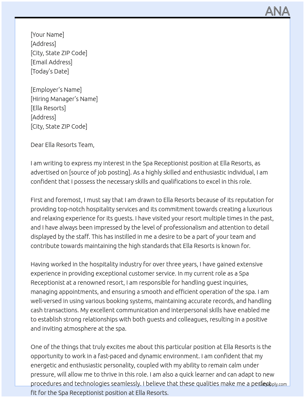 Spa receptionist At Ella resorts Cover Letter
