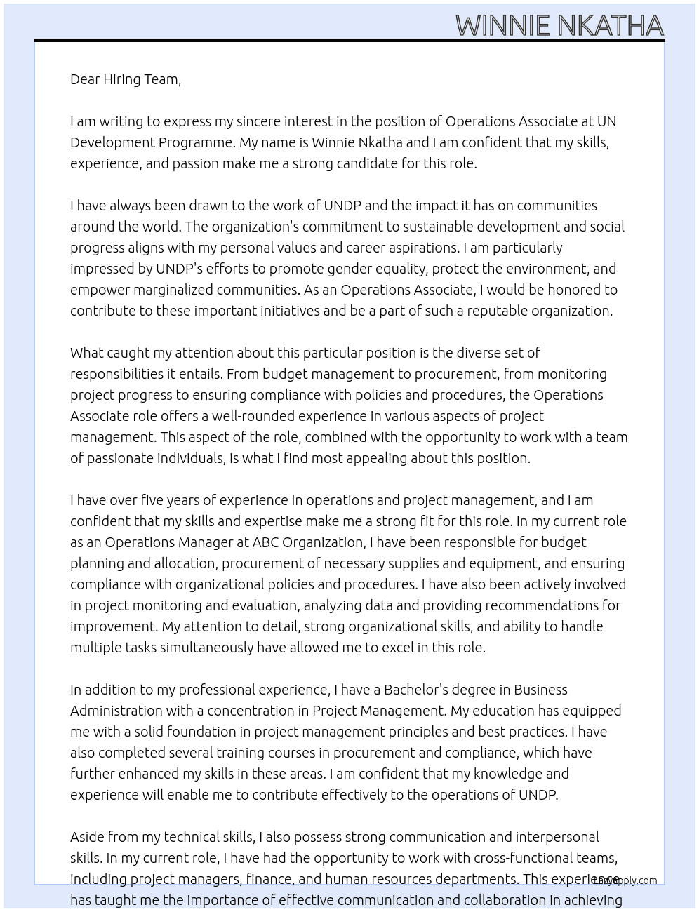 Operations Associate  At UN Development Programme  Cover Letter