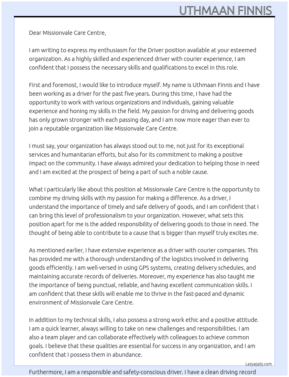 Driver position  At Missionvale Care Centre  Cover Letter