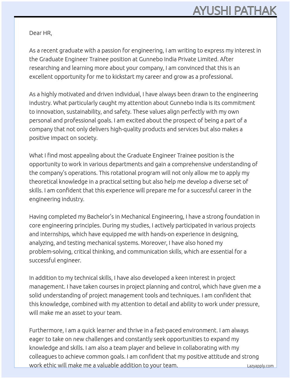 Graduate Engineer Trainee At Gunnebo India Private Limited Cover Letter