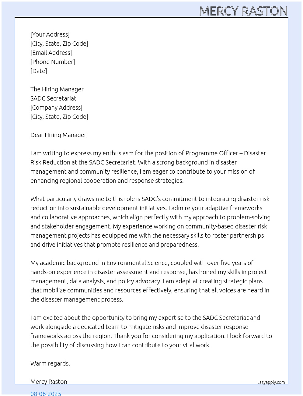 Cover letter for programme officer – disaster risk reduction - LazyApply