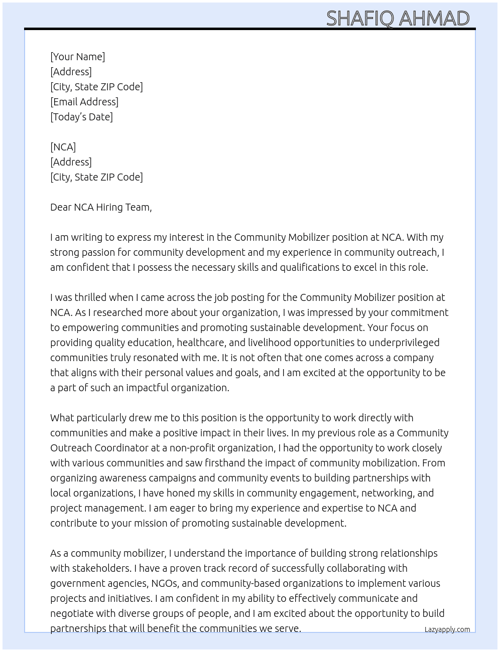  Community Mobilizer At NCA Cover Letter