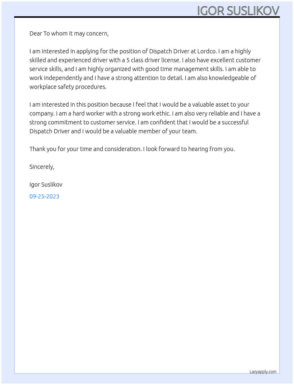 Dispatch Driver At Lordco Cover Letter
