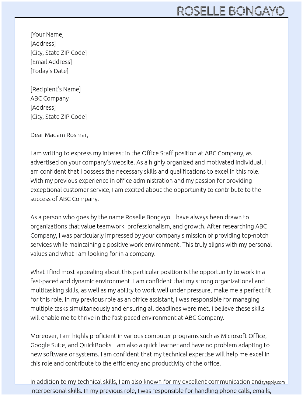 Office staff At ABC COMPANY  Cover Letter