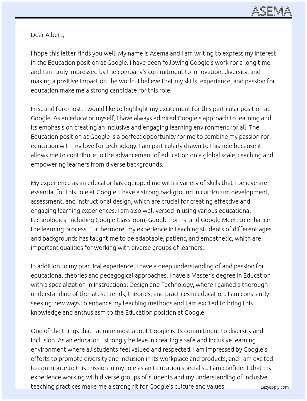 Education At Google Cover Letter