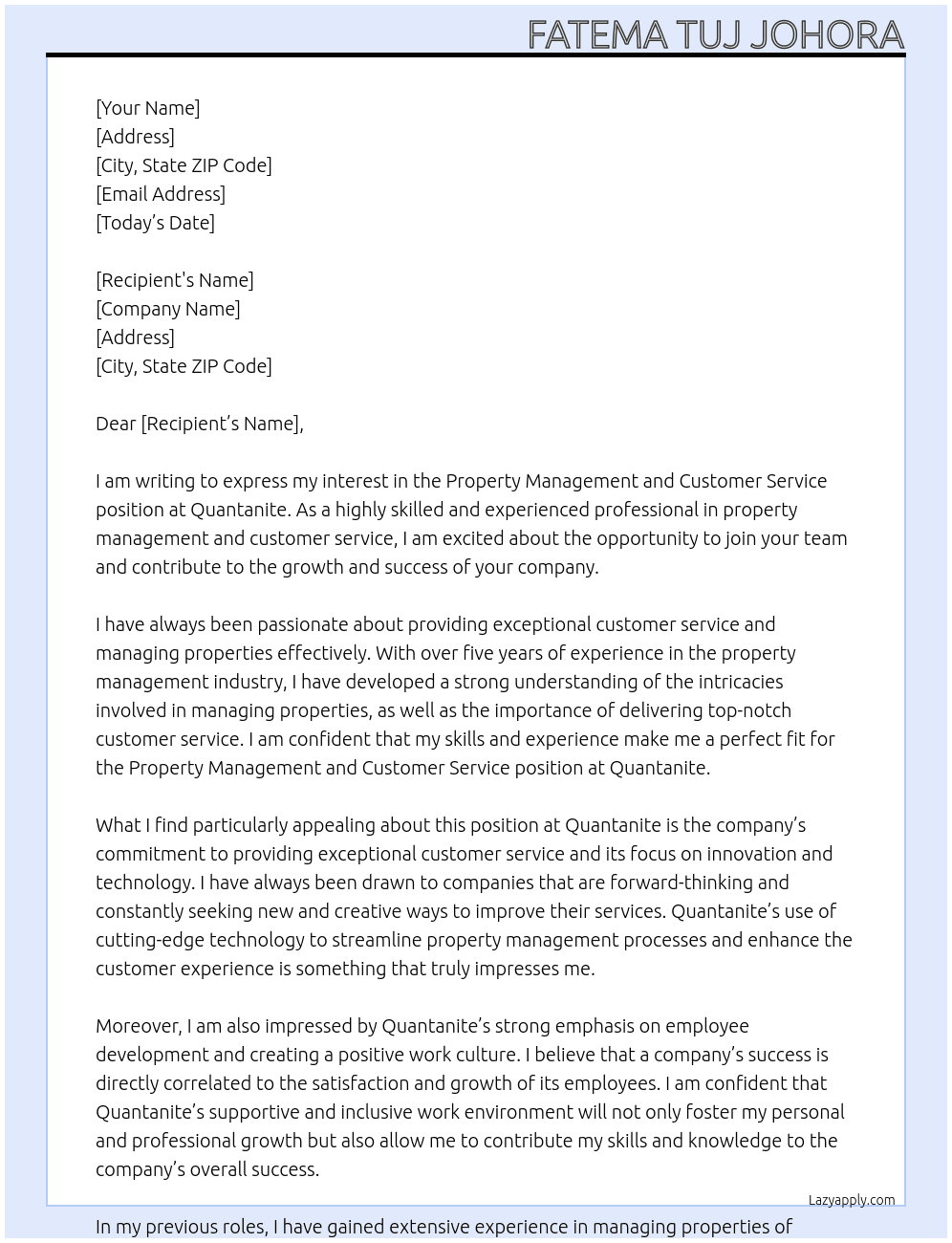 Property Management and Customer Service At Quantanite Cover Letter