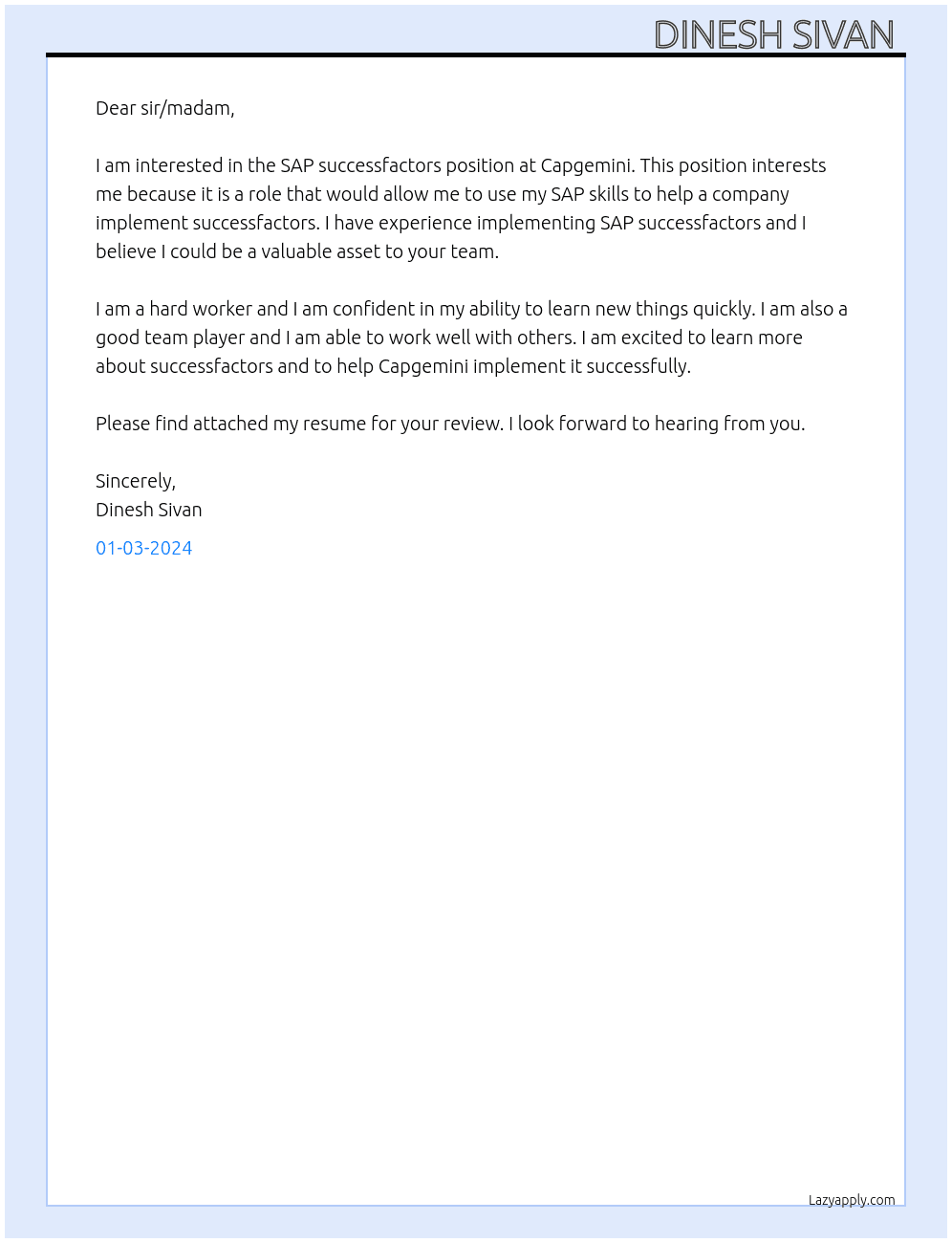 Cover letter for sap successfactors - LazyApply