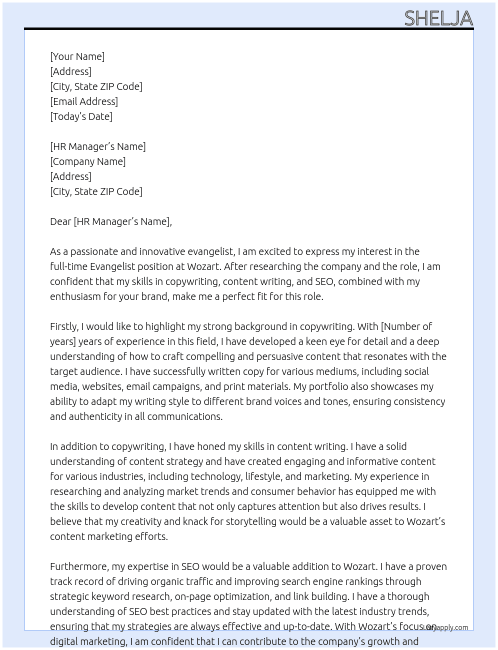 Evangelist At Wozart Cover Letter