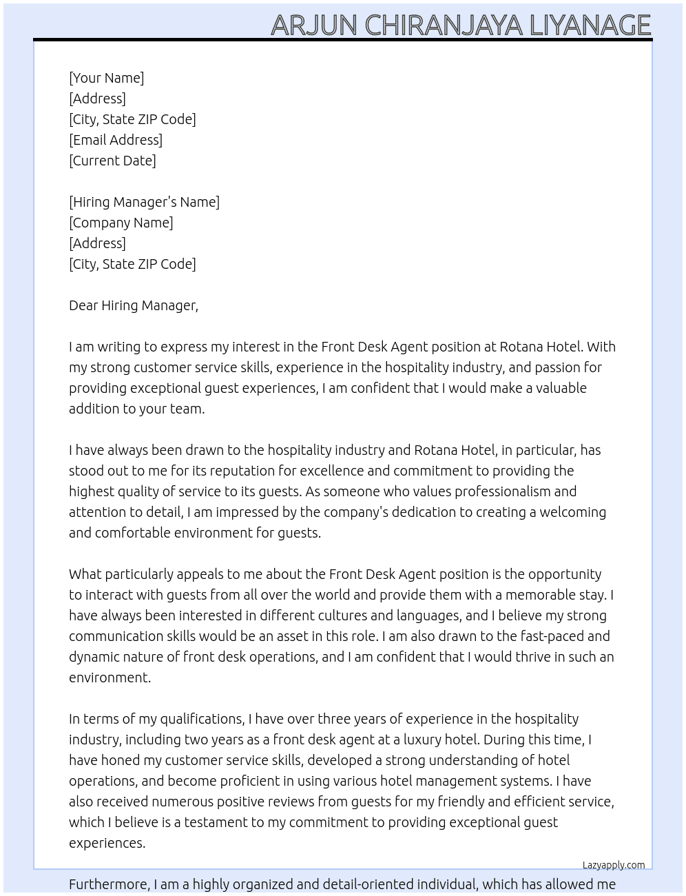 Front Desk Agent At Rotana Hotel Cover Letter