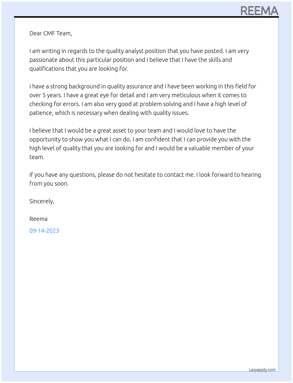 quality analyst At CMF Cover Letter