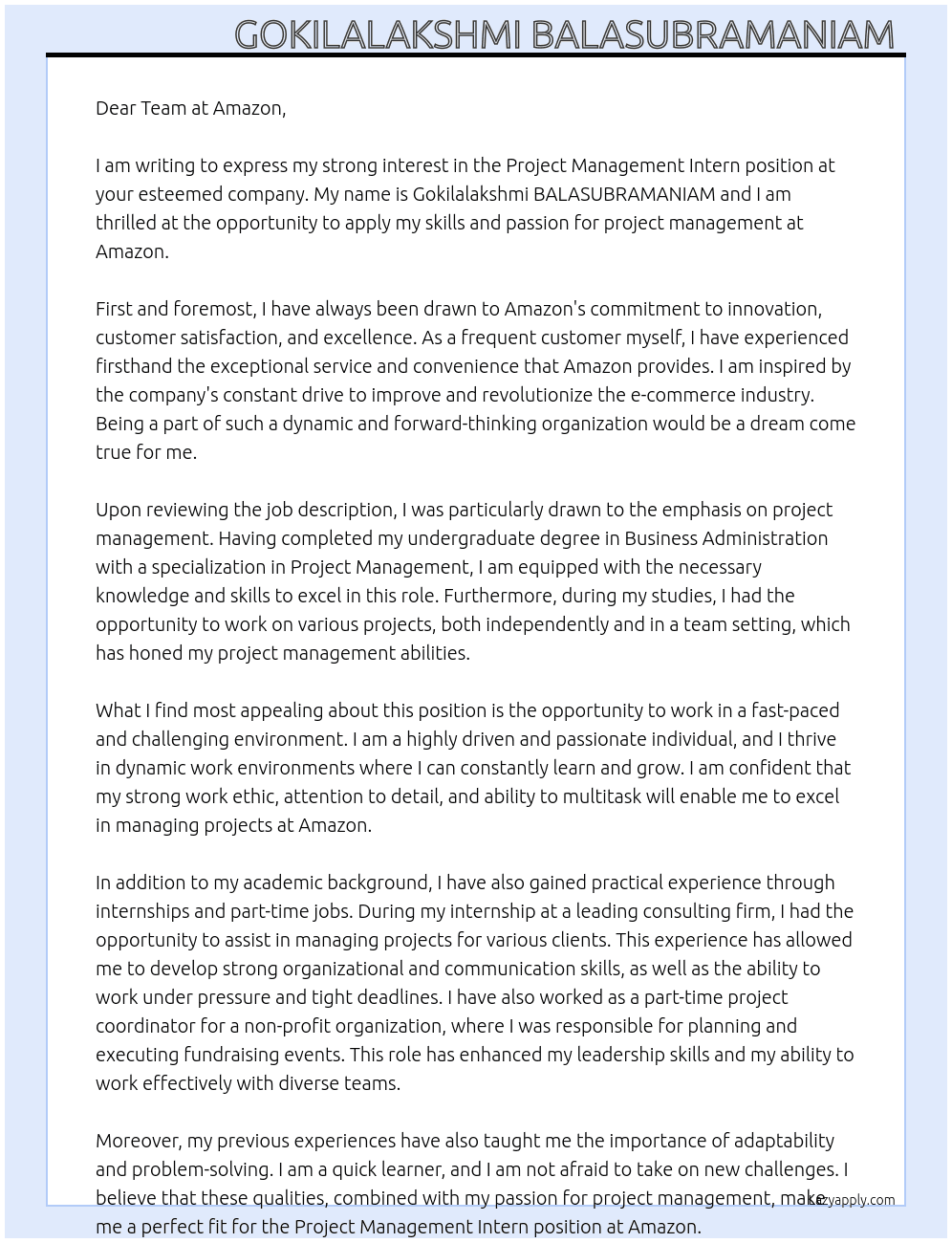 Project management intern At Amazon Cover Letter