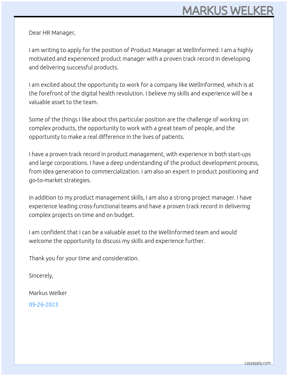 Product Manager At WellInformed Cover Letter