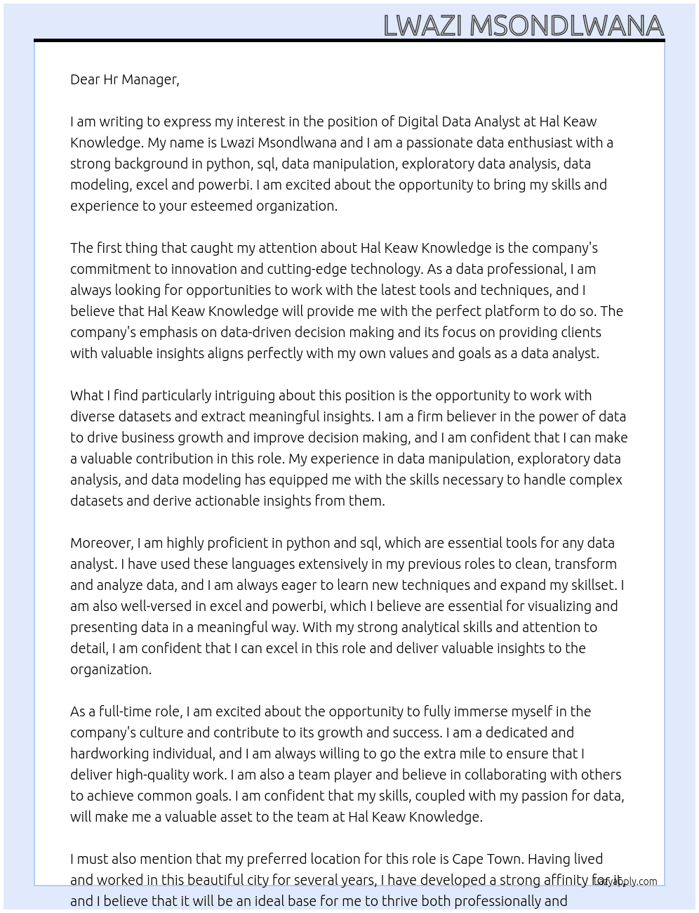 Digital Data Analyst At Hal Keaw Knowledge Cover Letter