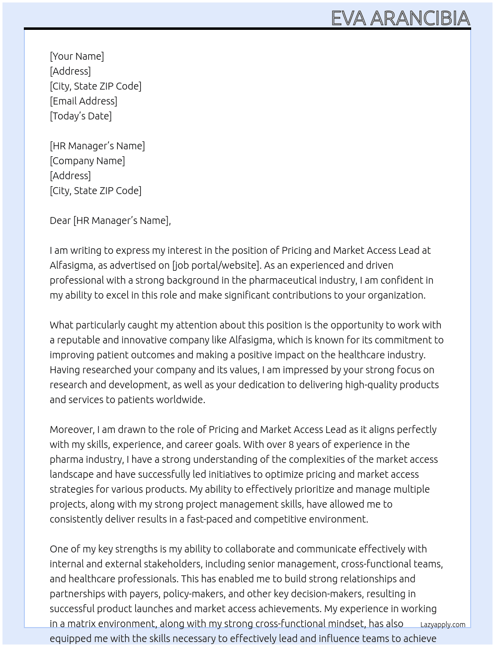 Pricing and Market Access Lead  At Alfasigma Cover Letter