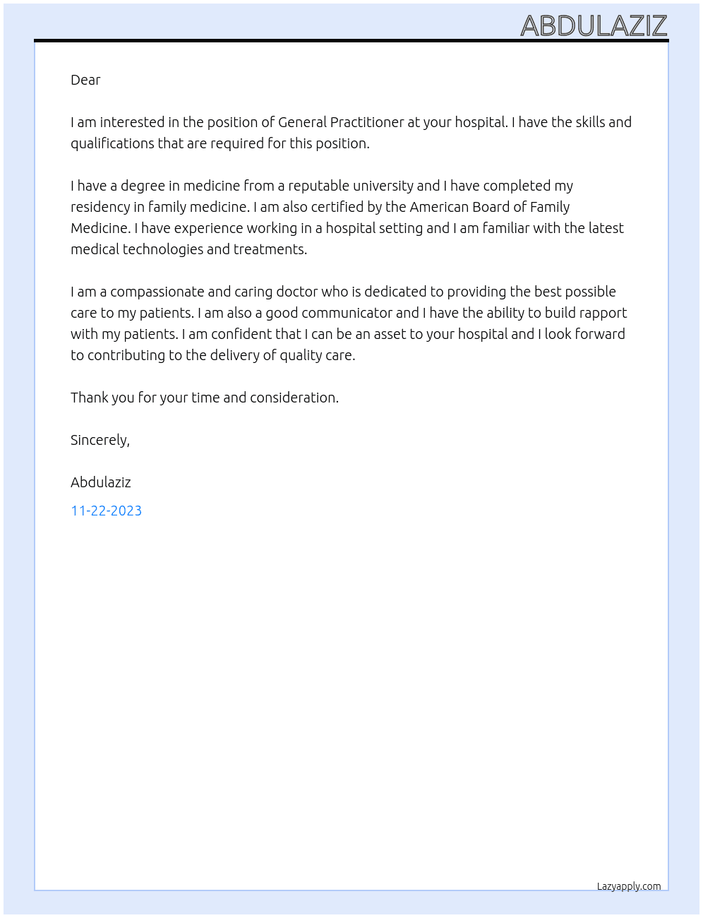 General Practitioner At Hospital Cover Letter