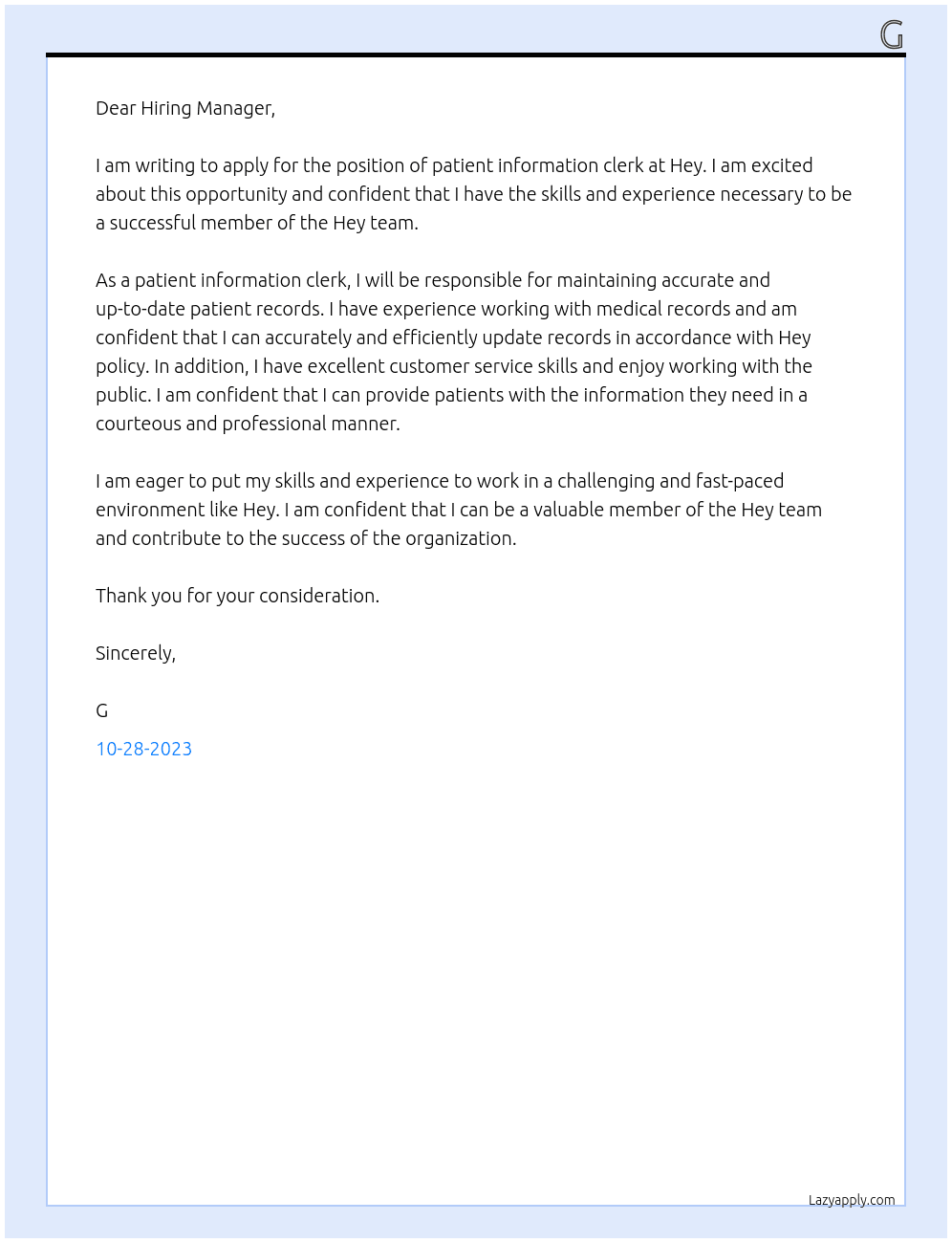 patient information clerk At hey Cover Letter