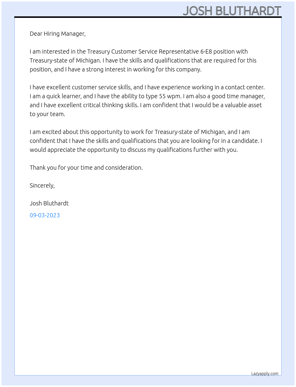 Treasury Customer Service Representative 6-E8 At Treasury-state of michigan Cover Letter