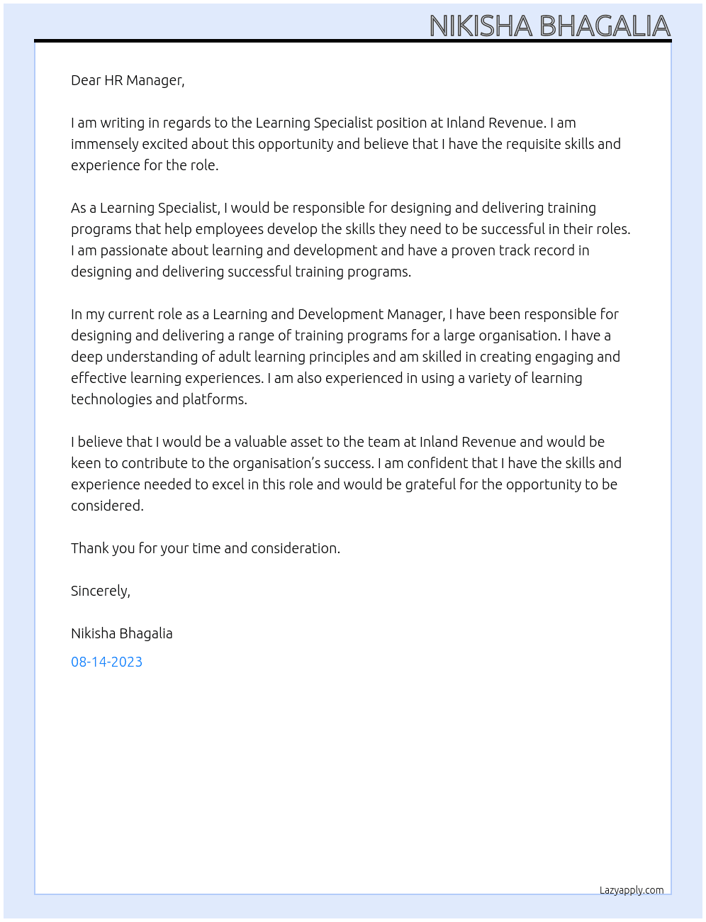 Learning Specialist At Inland Revenue Cover Letter