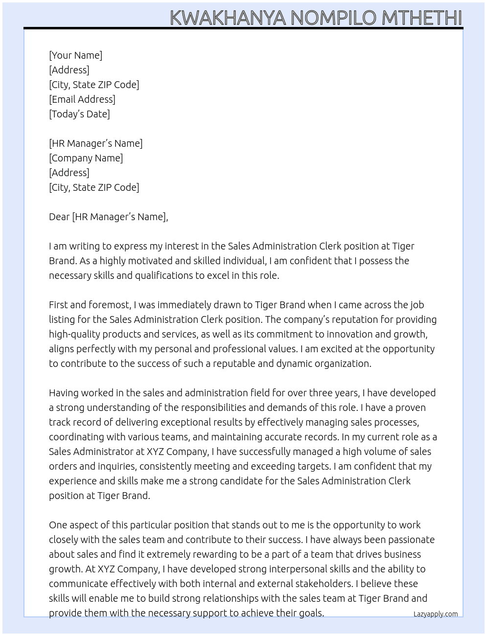 Sales Administration Clerk At Tiger Brand Cover Letter