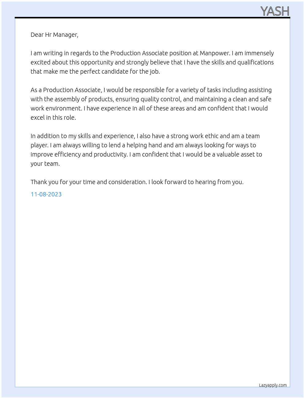 Production Associate  At Manpower Cover Letter