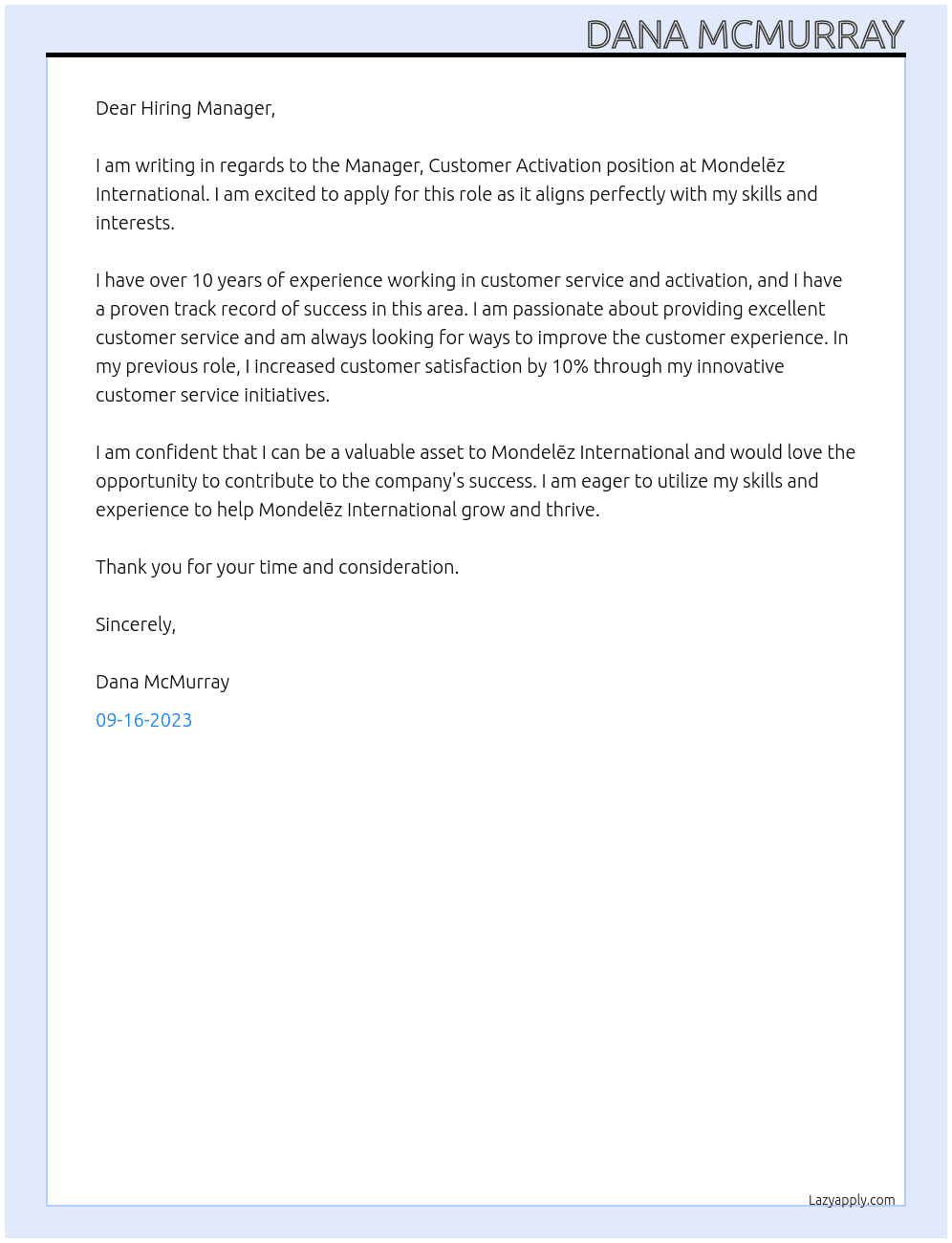 Manager, Customer Activation At Mondelēz International  Cover Letter