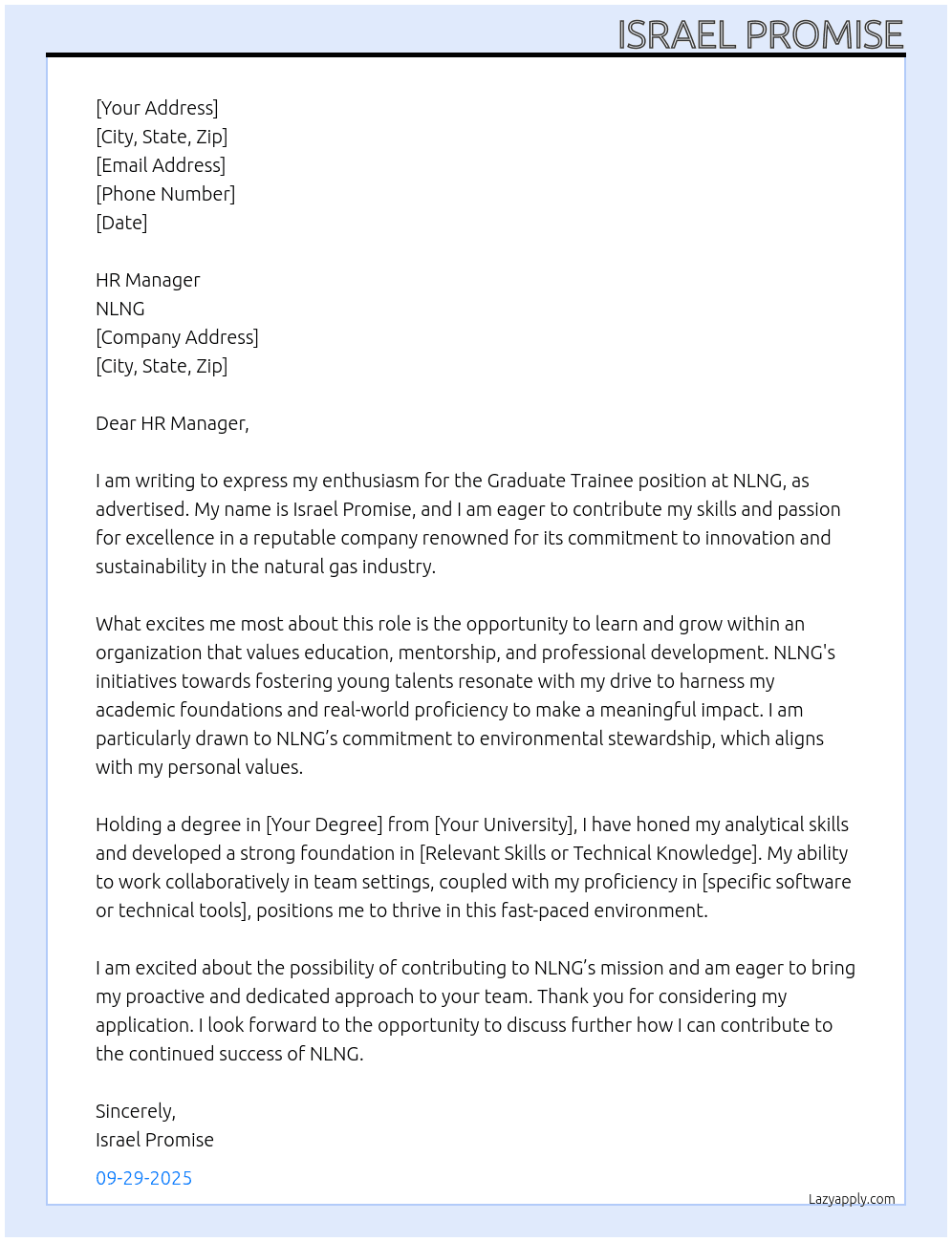 Graduate Trainee At NLNG Cover Letter