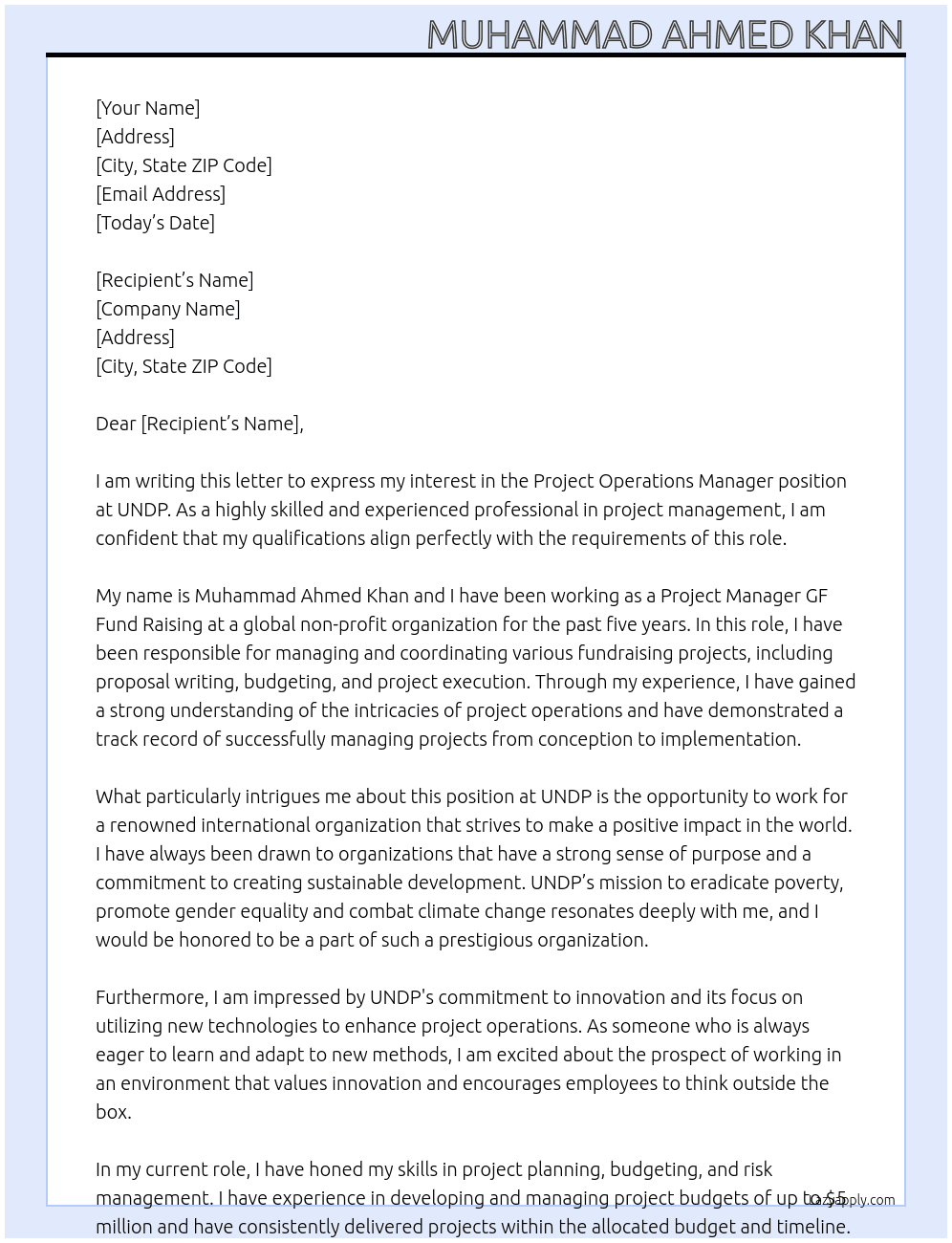 Project Operations Manager At Project Manager GF Fund Raising- UNDP Cover Letter